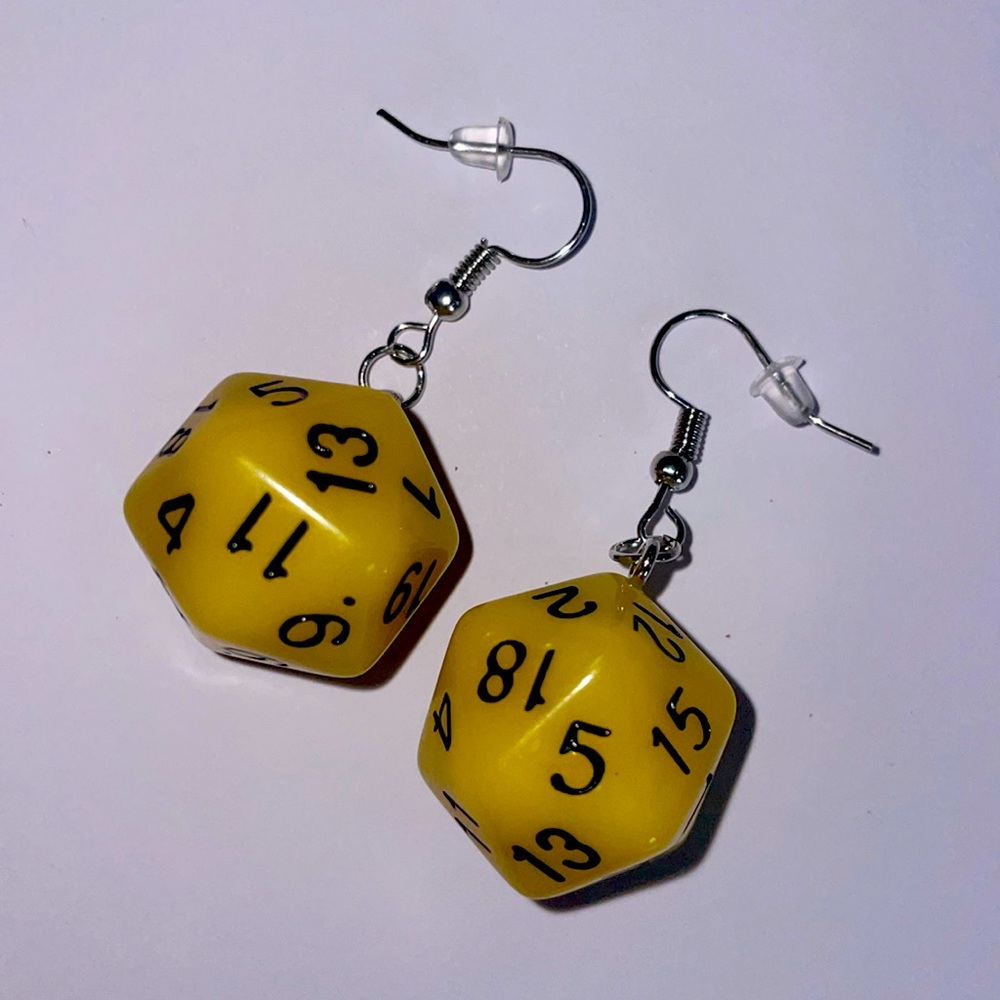 D20 Earrings Dice Yellow Jewelry Dangle DnD Gamer Gift Nerd Handmade Kawaii